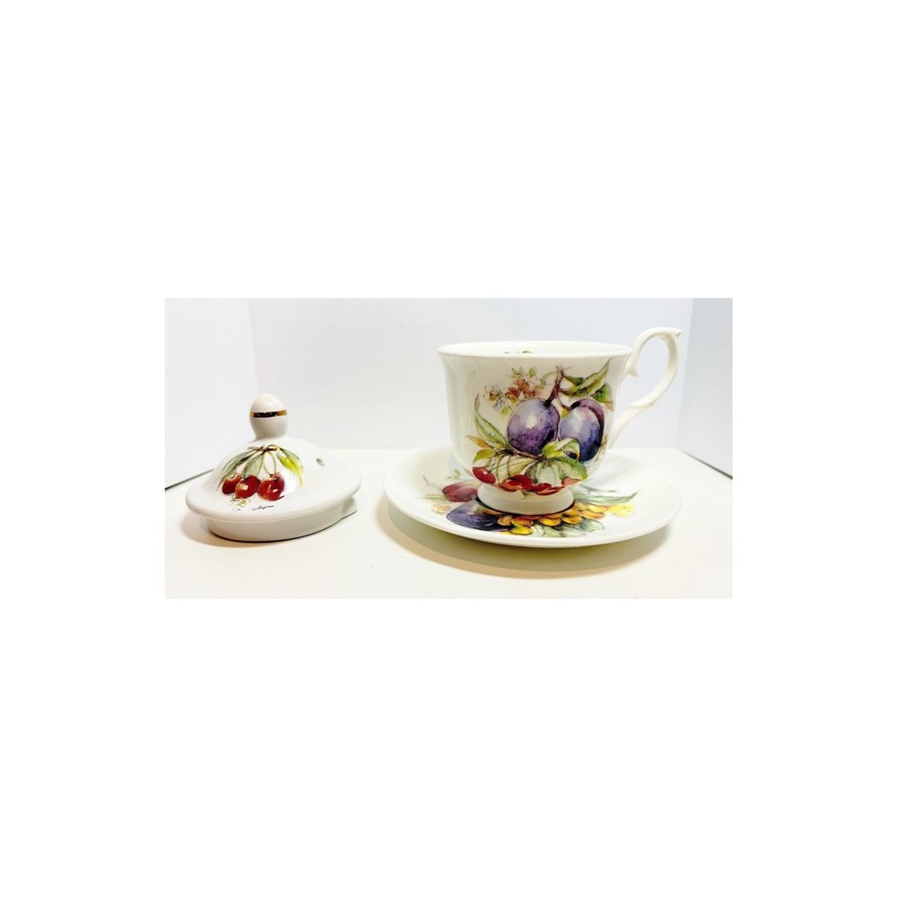 Duchess Fine Bone China Fruit Cup Saucer Teapot Lid Artist Signed England